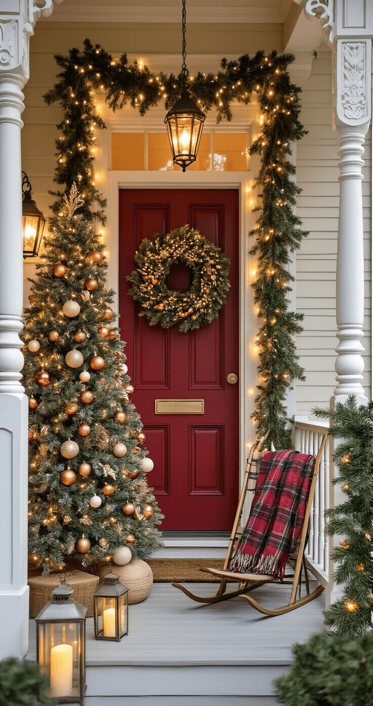A cozy Victorian-style porch decorated for Christmas, featuring a 6-foot pencil tree with copper and cream ornaments, lush garlands on the railing and columns, oversized lanterns with LED candles, a deep red front door with a magnolia wreath, and a vintage sled with a plaid throw, all illuminated by a golden hour glow.