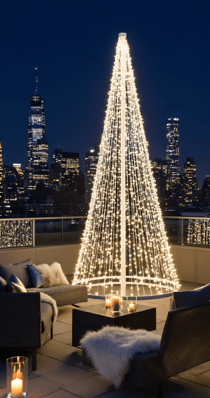 A modern rooftop terrace features a 7-foot metal Christmas tree alternative draped in warm white micro LEDs, set against a night skyline of twinkling skyscrapers. Charcoal gray outdoor furniture with faux fur throws and metallic pillows surrounds the tree, complemented by glass hurricanes with floating candles lining the terrace.