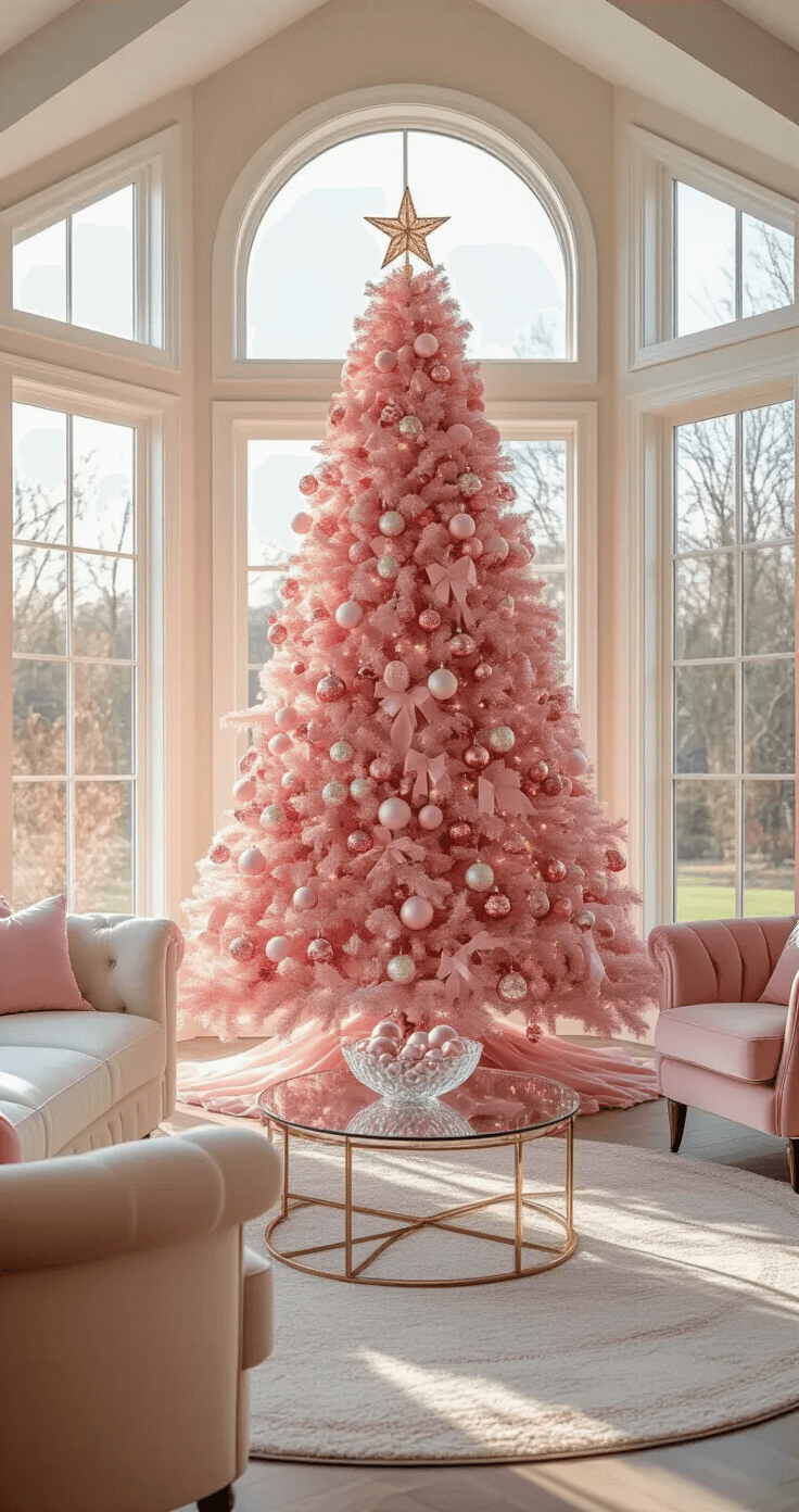 A spacious living room featuring a large pink Christmas tree adorned with various pink ornaments and ribbons, surrounded by plush seating and warm afternoon sunlight streaming through bay windows.