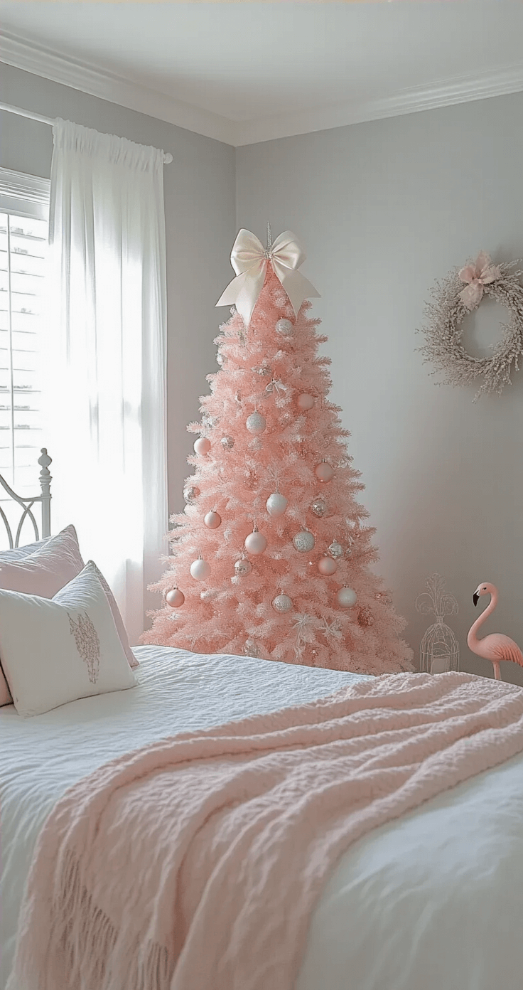 A cozy, intimate bedroom featuring soft gray walls and white trim, illuminated by early morning light filtering through sheer curtains. A 6ft slim pink Christmas tree adorned with matte and glittery ornaments in blush and champagne shades stands in the corner, topped with an oversized ivory bow. Nearby, a white wrought iron bed with pink and white bedding complements the tree’s decor, all captured from a low angle to emphasize the tree's height and create a dreamy atmosphere.