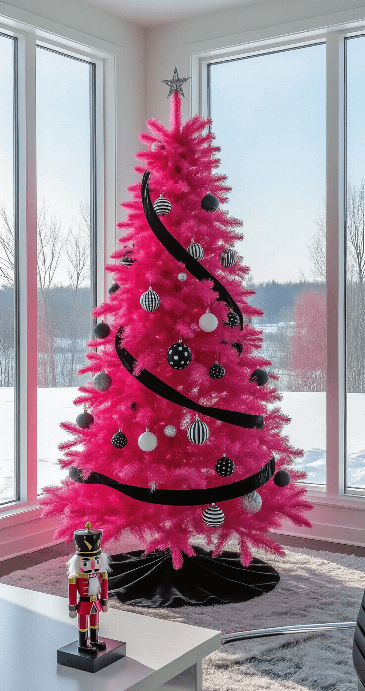 A modern home office with floor-to-ceiling windows showcasing a snowy landscape, featuring a hot pink tabletop Christmas tree on a sleek white desk, adorned with black and white striped ornaments and a pink nutcracker tree topper, surrounded by minimalist office accessories in black and white.