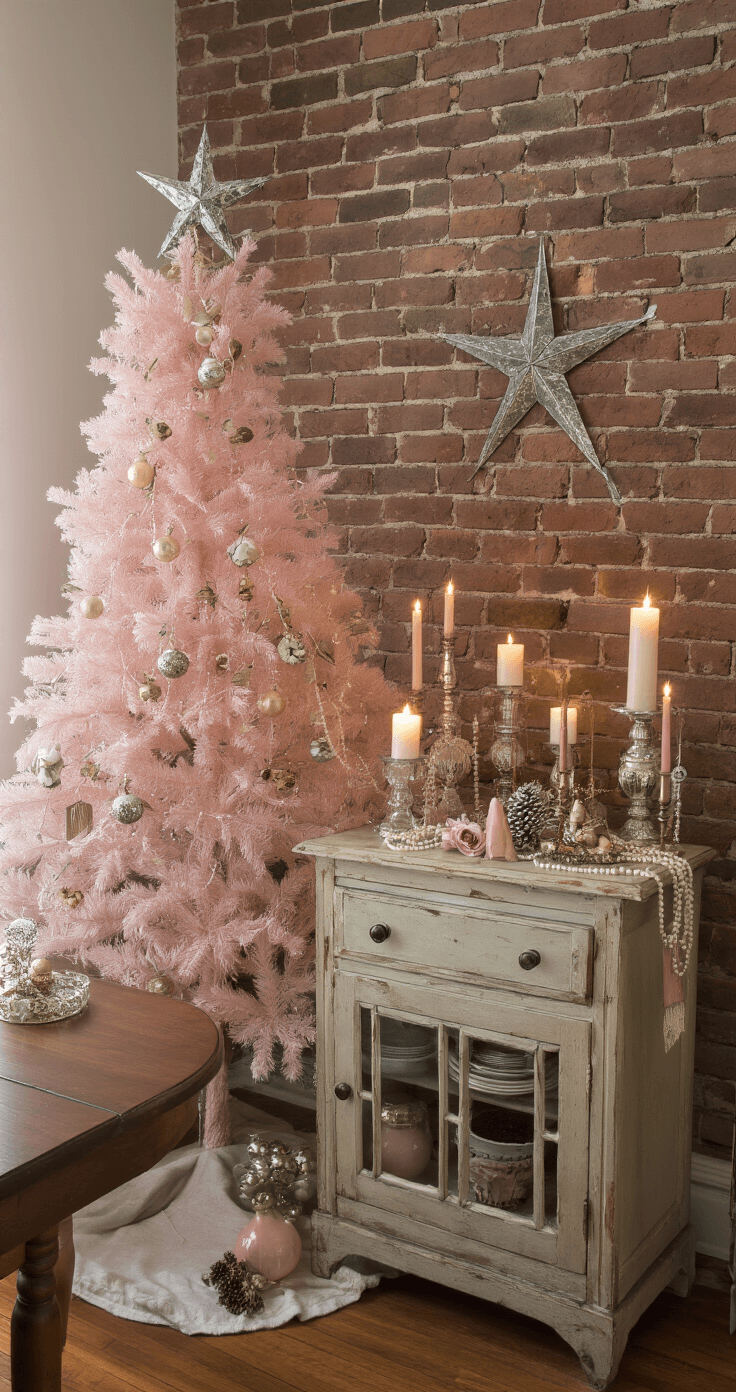 A cozy dining nook featuring exposed brick walls and hardwood floors, illuminated by soft candlelight. A blush pink Christmas tree adorned with vintage ornaments and delicate decorations sits on a rustic sideboard, reflecting in an ornate gold mirror.
