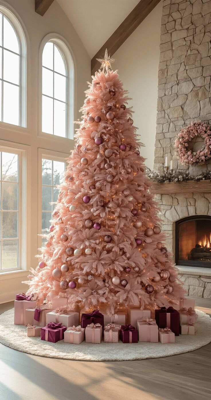 A spacious great room with a stone fireplace and cathedral ceilings, featuring a majestic 9ft pink flocked Christmas tree adorned with blush, mauve, and rose gold ornaments, deep magenta velvet bows, and sparkling lights, surrounded by elegantly wrapped gifts, all bathed in warm golden hour sunlight.