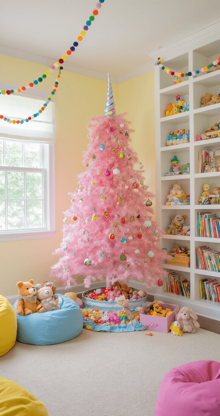 A whimsical children's playroom featuring pale yellow walls, a colorful candy pink Christmas tree adorned with toys and sweets, multicolored pom-poms, and twinkling lights, surrounded by colorful bean bags and a toy chest filled with stuffed animals, captured from a child's eye level.
