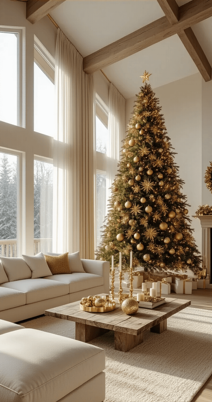 A spacious living room with vaulted ceilings features a 9-foot Noble fir Christmas tree adorned with gold decorations. Warm sunlight filters through sheer curtains, illuminating a plush cream-colored sectional and rustic wooden coffee table, accented with gold candlesticks and a mirrored tray. The color palette includes gold, cream, and forest green.