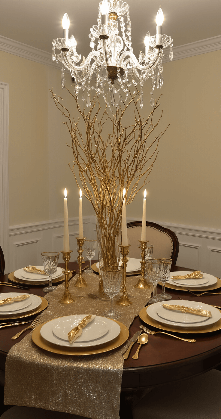 An intimate dining room with wainscoting and a crystal chandelier, featuring a round mahogany table set with gold and ivory china, highlighted by warm lighting and an elegant centerpiece of gold-sprayed branches and taper candles.