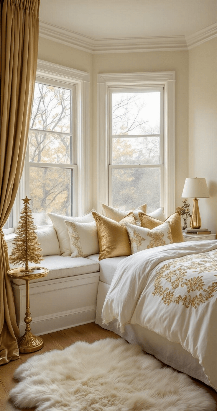 A cozy bedroom featuring a bay window with a window seat, dressed in luxurious white linens and gold accents, soft morning light, a furry white rug, and sheer gold curtains, creating a festive yet serene atmosphere.