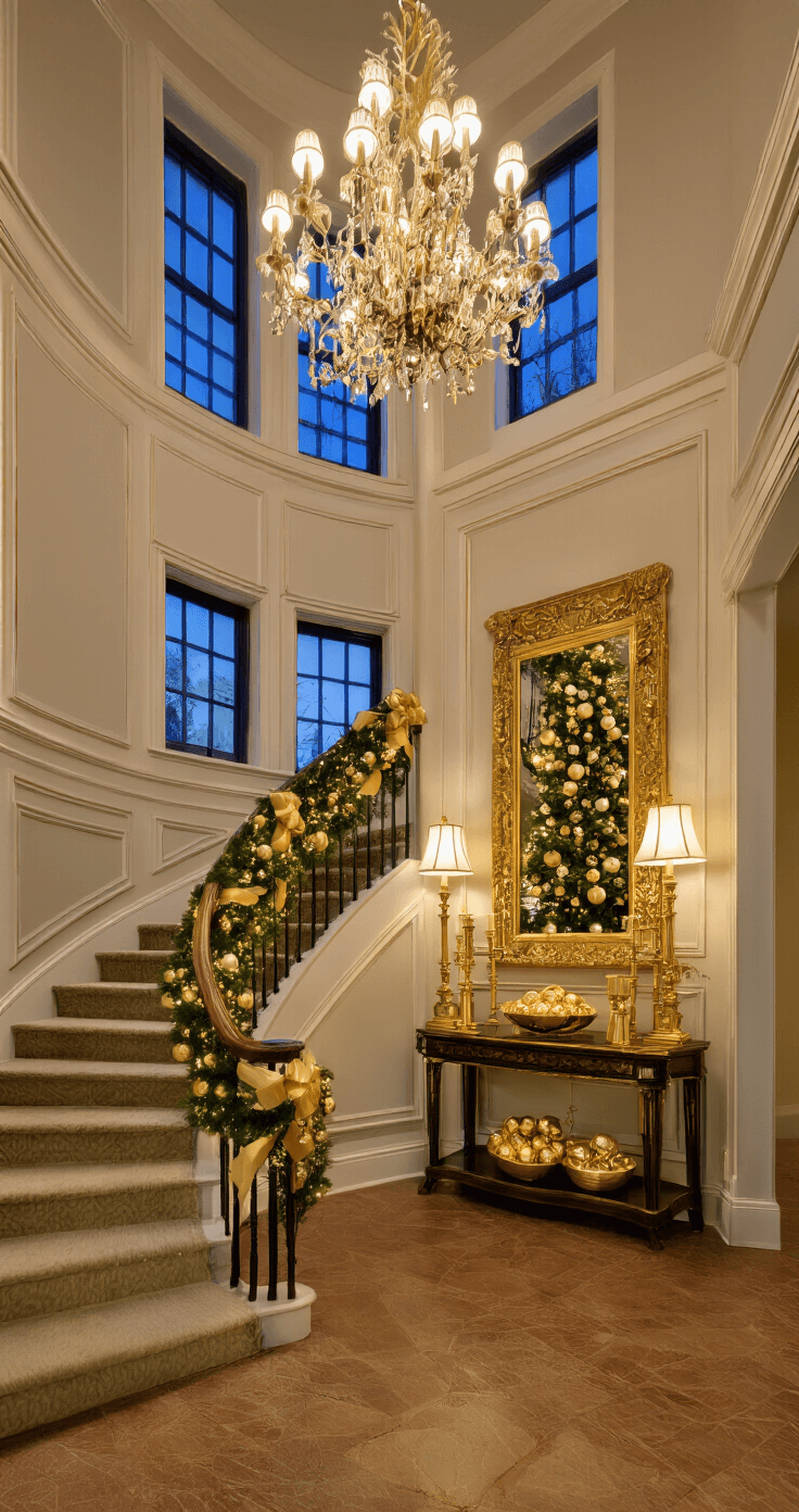 A grand foyer illuminated by a chandelier at dusk, featuring a sweeping staircase, a slim artificial tree adorned with gold ornaments, and a lush garland on the stair railing. A gold-framed mirror hangs above a console table decorated with gold candle holders and baubles, framed by a color scheme of gold, deep green, and rich wood tones.