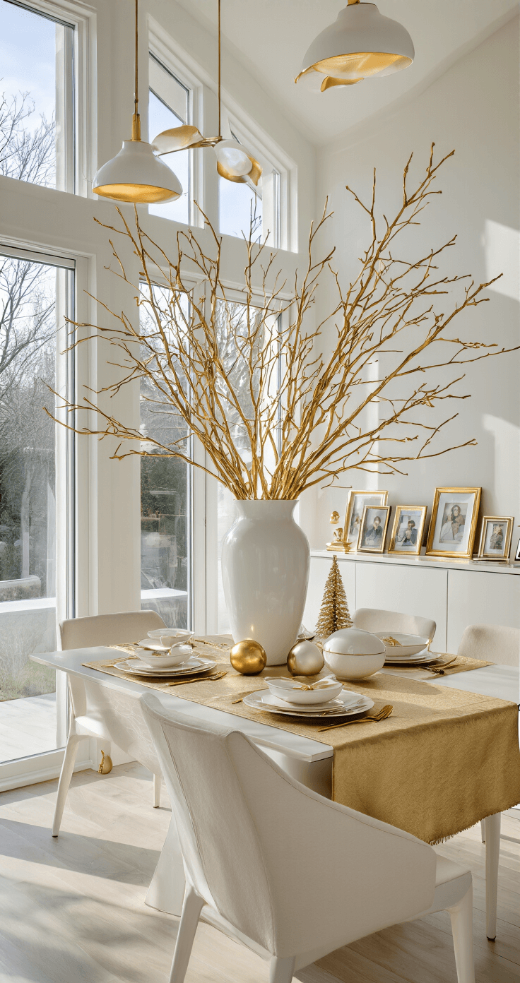 A bright, modern open-concept kitchen and dining area features floor-to-ceiling windows, a gold-sprayed branch centerpiece on the island, pendant lights with gold interiors, and a dining table adorned with a gold runner and white plates. A sleek white sideboard displays gold-framed photos and a small gold-decorated tree, all in a crisp white and warm gold color palette with touches of greenery.