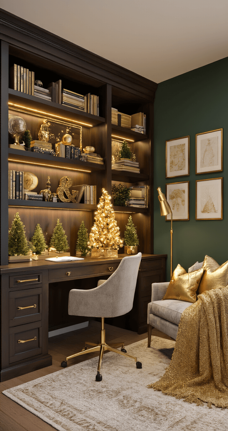 A stylish home office with built-in bookshelves and a large desk, featuring a small gold-themed Christmas tree. The warm ambiance is enhanced by task lighting and a decorative floor lamp in the evening. Gold-framed artwork adorns the walls, and the bookshelves showcase a mix of books, gold accessories, and small potted evergreens. A cozy reading nook with a plush chair, gold throw blanket, and pillow completes the space, all in rich wood tones, gold, and hints of forest green. The view is from the doorway, focusing on the festive desk area.