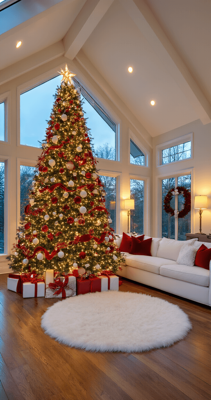 A spacious living room with vaulted ceilings, featuring a large Christmas tree adorned with warm white lights and red and white ornaments, complemented by a plush white sectional and a circular faux fur rug, all warmly illuminated in the early evening.