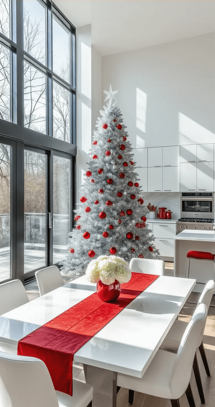 Open-concept kitchen and dining area with large windows, featuring a decorated Christmas tree, dining table with white and red décor, stainless steel appliances, and white quartz countertops, illuminated by bright natural light.