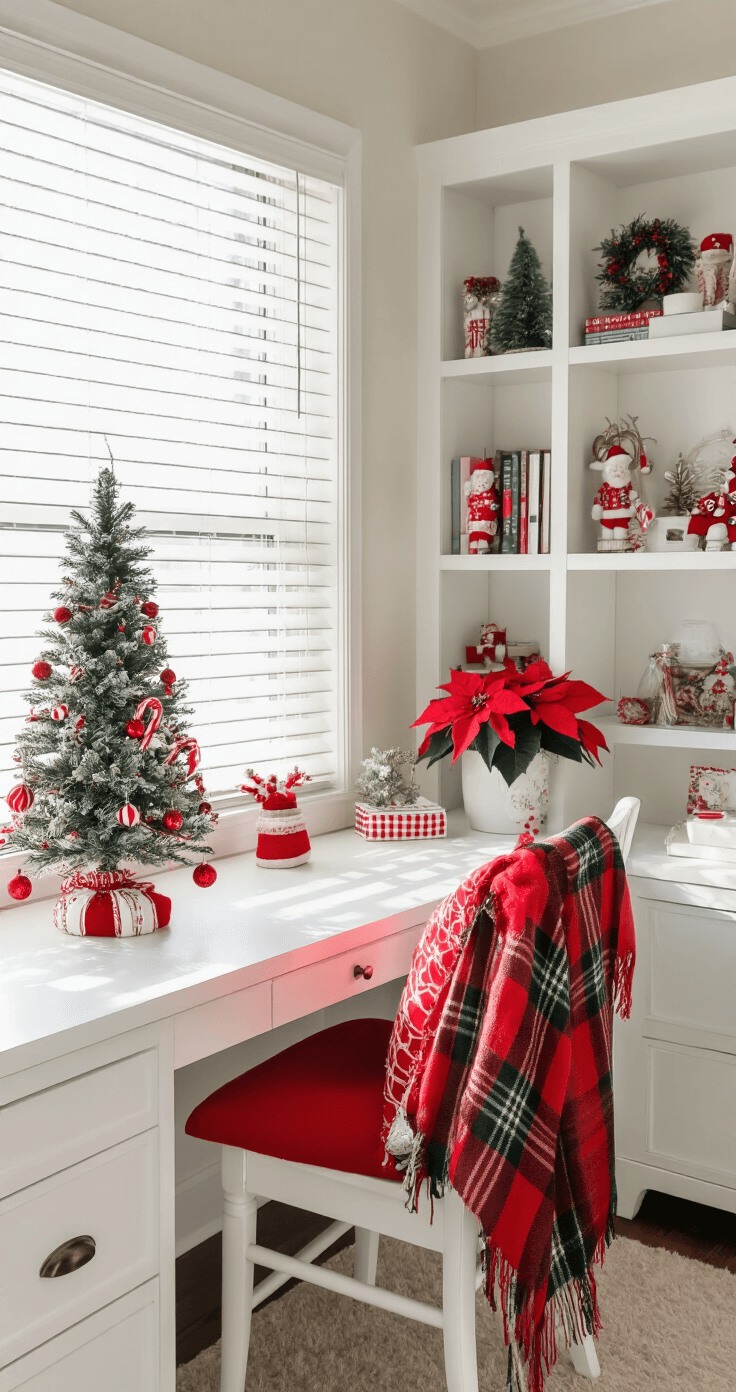 A cozy home office nook featuring a white desk with a 4-ft tabletop tree adorned with red and white ornaments and candy canes, a vibrant poinsettia plant, and a white chair with a red cushion and plaid blanket. Soft morning light streams through venetian blinds, casting gentle shadows on the bookshelves lined with holiday decorations.