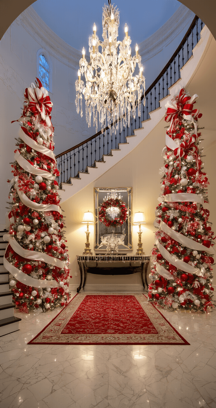 A dramatic view of a grand formal entryway at dusk, featuring a sweeping staircase flanked by two slim, festively decorated trees with oversized red and white baubles. The warm glow of a chandelier illuminates the scene, while a large mirror on the console table reflects the twinkling lights. Marble floors are accented by a patterned red runner, creating an elegant atmosphere with backlighting that emphasizes the silhouettes of the trees.