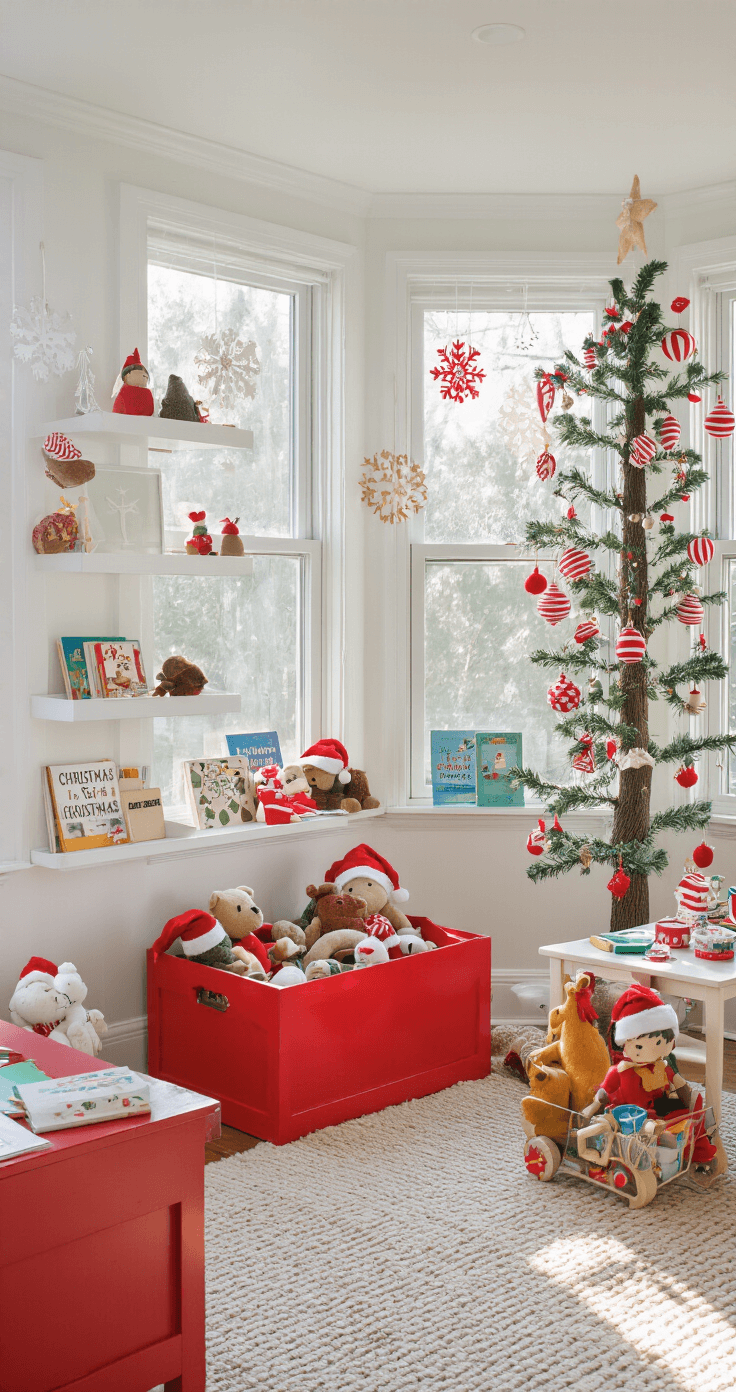 A whimsical children's playroom filled with sunlight, featuring a decorated Christmas tree, overflowing toy chest, white floating shelves with storybooks, and a craft table, all captured in a fish-eye perspective.