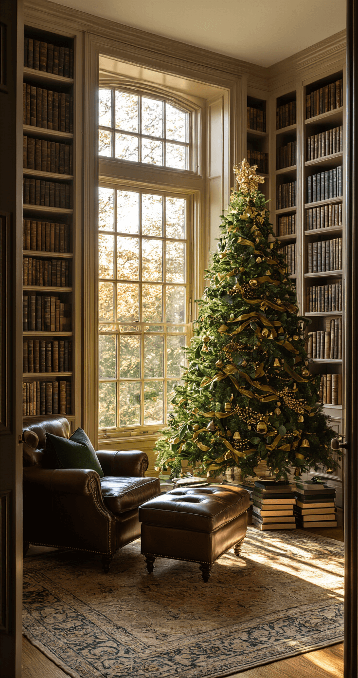 A cozy study featuring floor-to-ceiling bookshelves, a large bay window, and a decorated noble fir tree in the corner. Golden hour light casts warm shadows, illuminating a leather armchair with a stack of hardcover books nearby. The scene exudes an intimate, scholarly atmosphere.