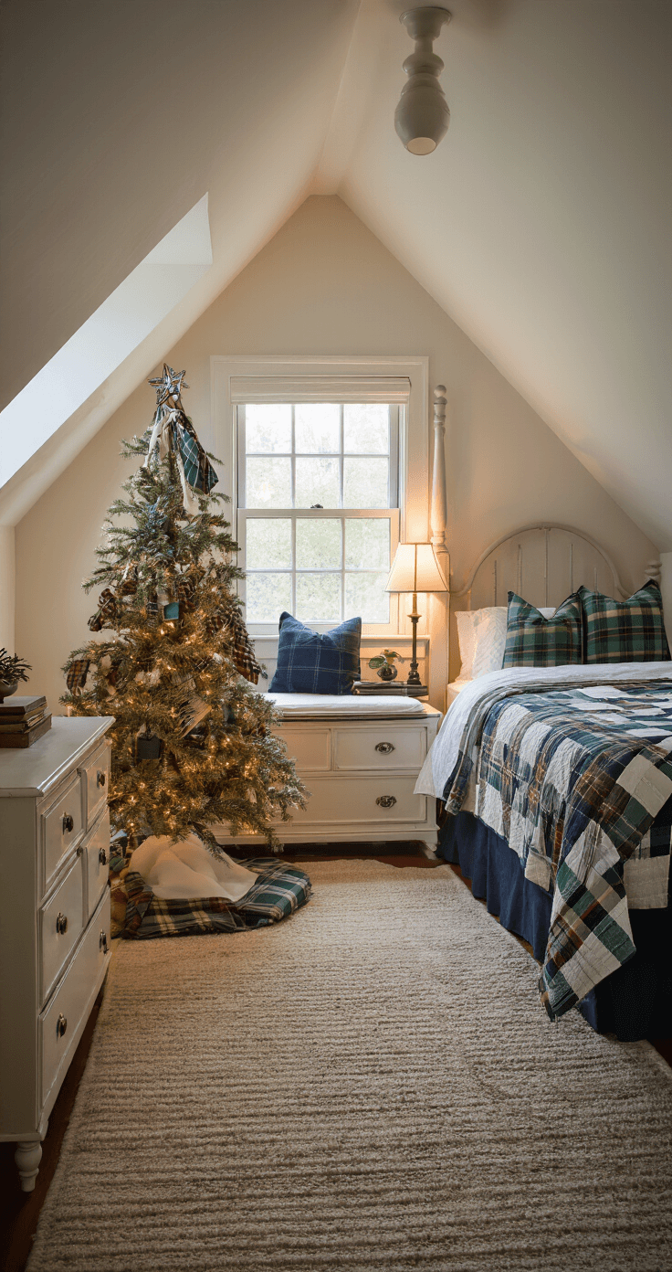 A cozy 10'x12' bedroom featuring sloped ceilings and dormer windows, softly illuminated by warm lamplight. A vintage dresser holds a 5-foot tabletop Christmas tree adorned with tartan ribbons and plaid ornaments in shades of green. The room includes a four-poster bed with a quilted duvet and a reading nook under the window, all captured from a slightly elevated angle to emphasize the intimate, nostalgic atmosphere.