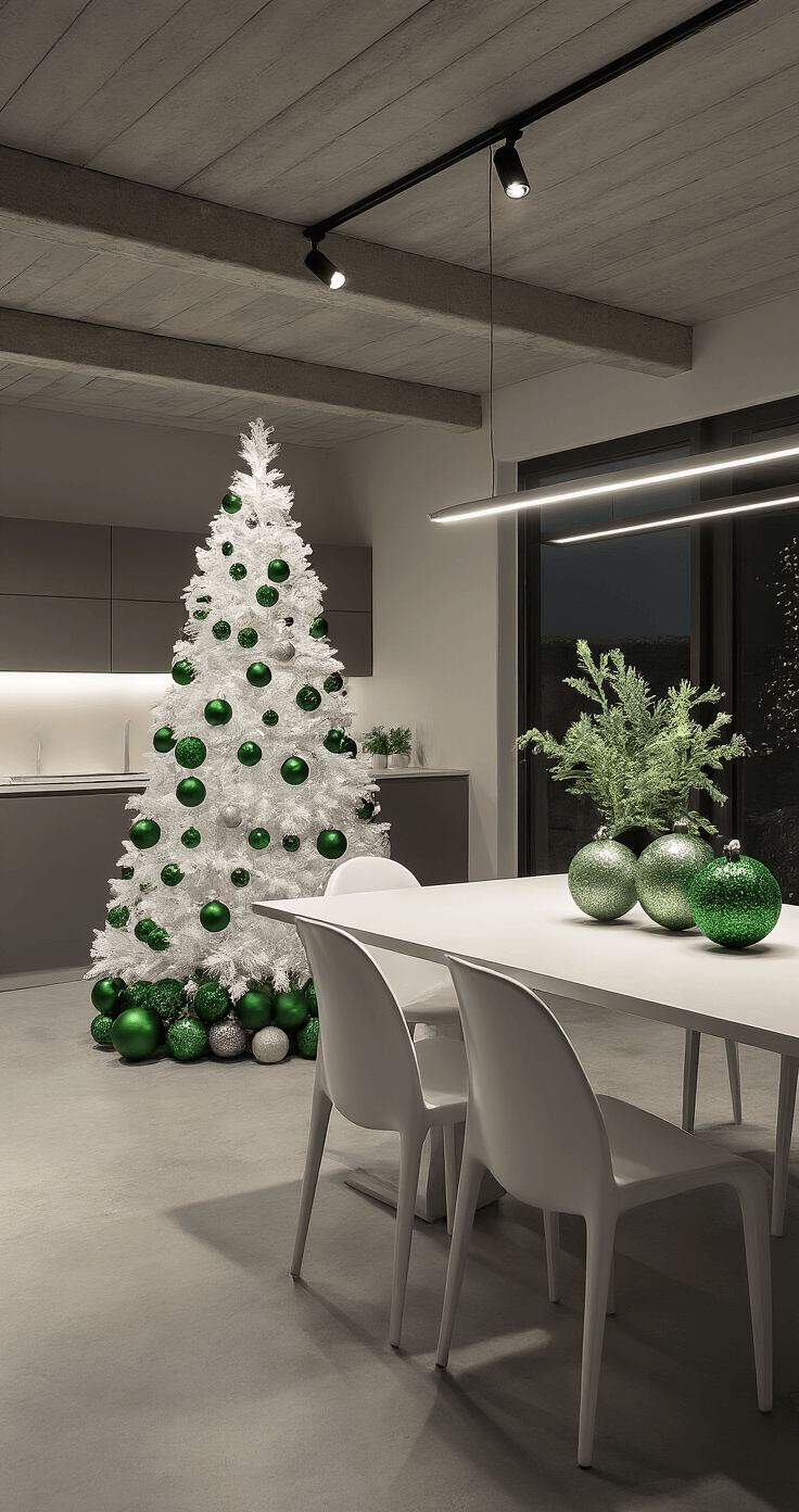 A modern open-concept kitchen and dining area at night, featuring concrete floors, exposed beams, and cool track lighting. A 7-foot white artificial Christmas tree adorned with layers of green ornaments stands in the corner, next to a minimalist dining table with ghost chairs, all highlighted by dramatic shadows.