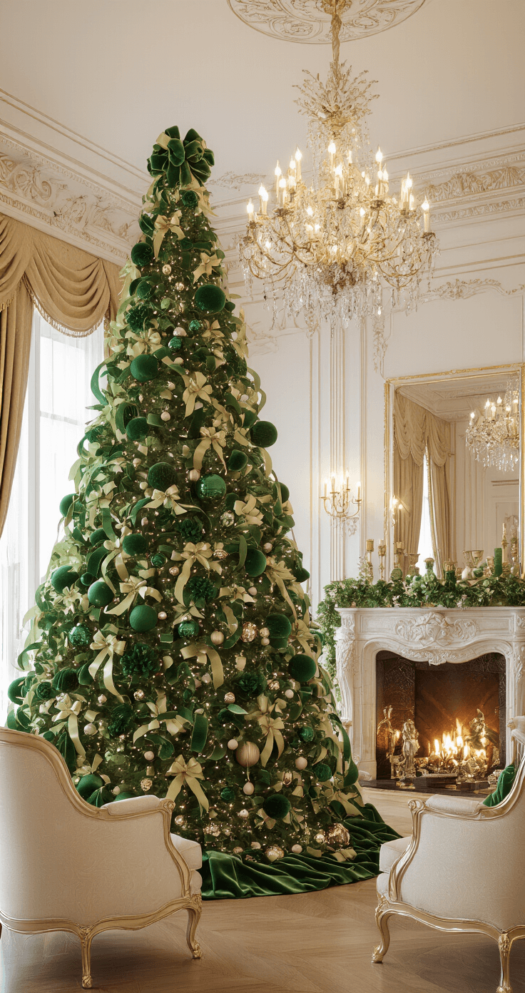 A luxurious formal living room at dusk featuring a grand Nordmann fir tree adorned with deep forest green velvet ribbons and hand-blown glass ornaments, surrounded by elegant cream and gold furniture, all illuminated by chandelier light and a warm marble fireplace.