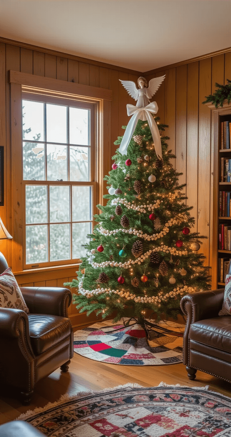 Cozy den with wood-paneled walls, featuring a decorated 6-foot Noble fir in a bay window, surrounded by leather armchairs and a small bookcase, under soft evening light.