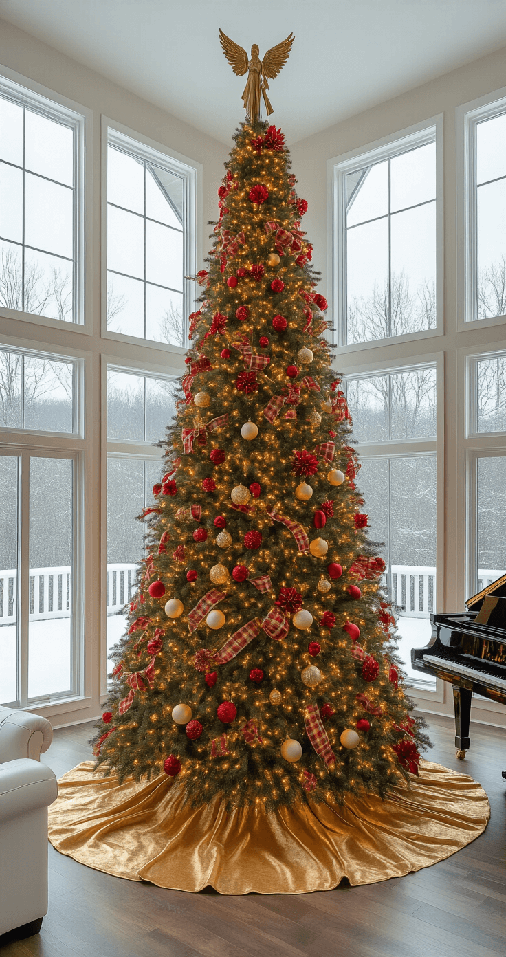 A spacious open-concept great room featuring a tall Christmas tree adorned with warm white lights and colorful ornaments, overlooking a snowy landscape through floor-to-ceiling windows. White leather sofas and glass accent tables complement the decor, with a grand piano in the background.