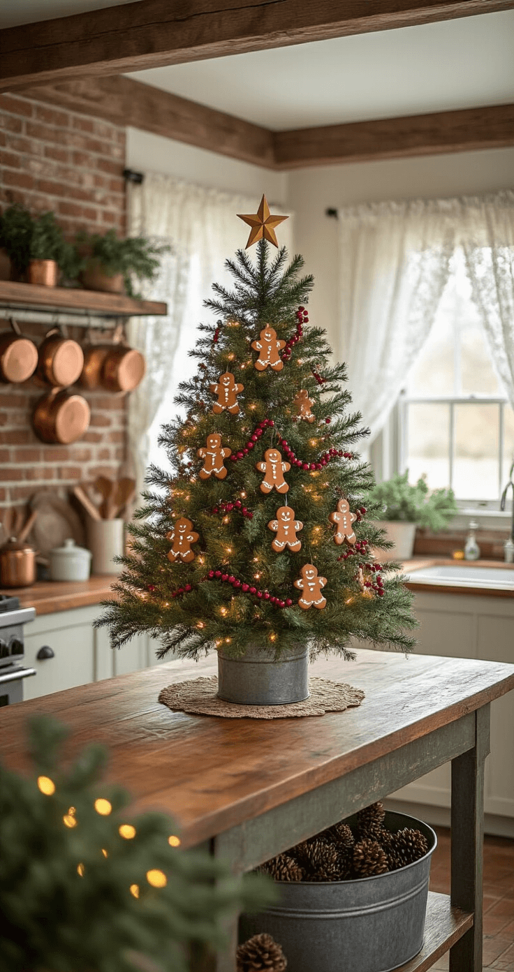 A cozy 15x18 ft country kitchen features exposed beams and a brick accent wall, with early morning light filtering through lace curtains. A Norfolk pine tree adorned with gingerbread ornaments, cranberry garlands, and tiny white lights sits on a rustic wooden island, topped with a petite wooden star. The tree's base is in a galvanized metal tub filled with pinecones. Copper pots hang above and fresh greenery decorates open shelves, creating a warm and inviting atmosphere.