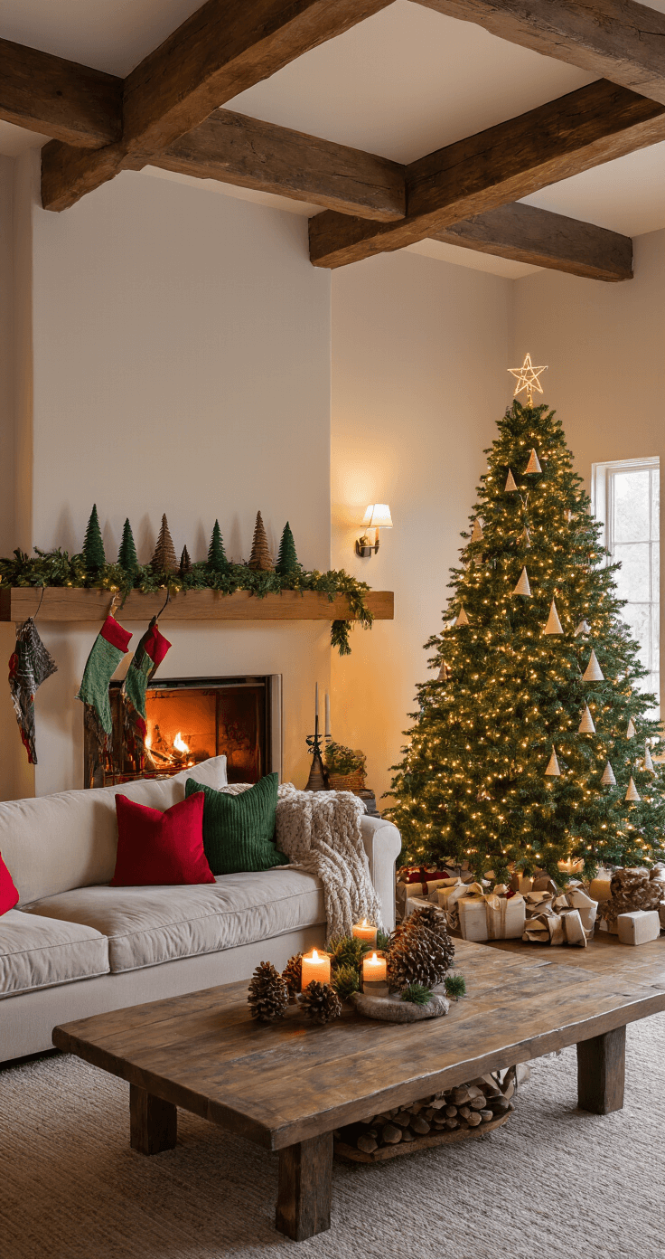 A cozy living room featuring exposed wooden beams and warm ambient lighting from a fireplace and lamps, with a 7-foot Christmas tree decorated with handmade ornaments in the corner, a plush beige sofa adorned with red and green pillows, and a rustic wooden coffee table with pinecones and candles, all in a color palette of forest green, deep red, and natural wood tones.