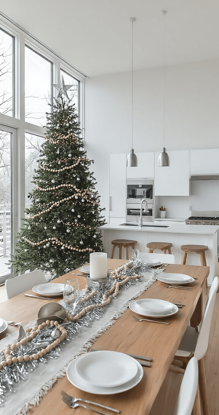 A modern open-plan kitchen-dining area with floor-to-ceiling windows, featuring a slim Christmas tree decorated with wooden beads and jingle bells, a sleek kitchen with white cabinets and stainless steel appliances, and a long wooden dining table set with white plates and silver cutlery, all under bright natural light.