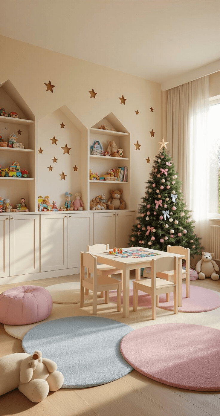 A cozy children's playroom with a sloped ceiling, featuring a 5-foot decorated Christmas tree, built-in bookshelves filled with toys and books, and a kid-sized table with a half-finished puzzle, all bathed in warm golden hour light filtering through sheer curtains. Soft pastel colors dominate the scene, with plush rugs and hand-painted stars adorning the walls.