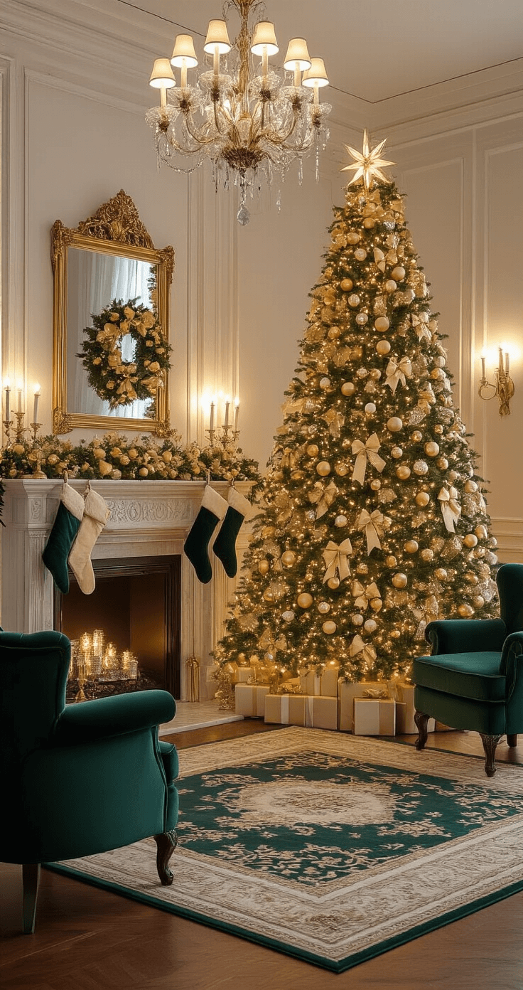 An elegant formal living room with high ceilings and crown molding, featuring a grand 9-foot Christmas tree adorned in gold baubles and bows, illuminated by warm white lights. Two deep emerald velvet armchairs flank a marble fireplace with stockings, and a large gilt-framed mirror hangs above. The room's rich jewel tones and dramatic lighting emphasize the opulent decor.