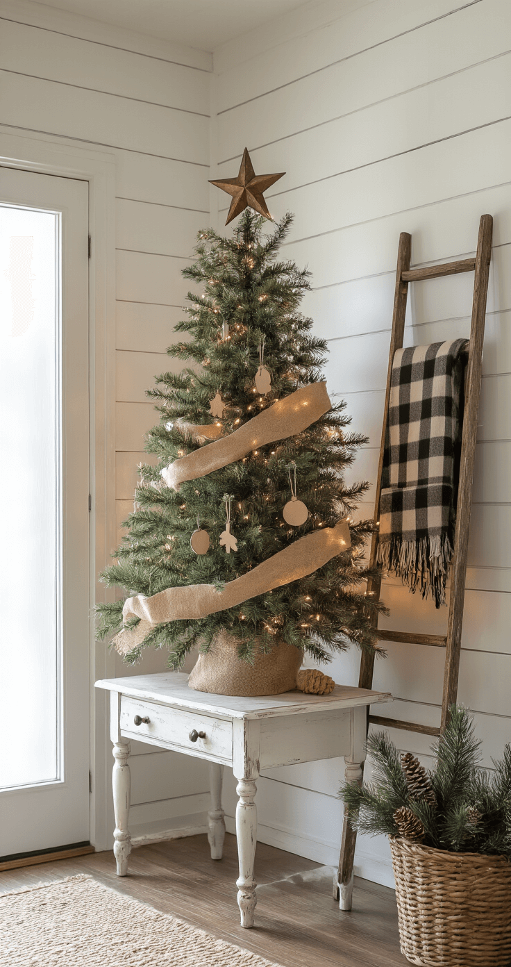 Cozy farmhouse-style entryway with shiplap walls, featuring a decorated Christmas tree on a white console table, a vintage ladder with a plaid blanket, and a basket of pine branches, all in a warm, inviting atmosphere.