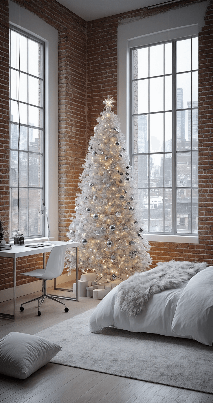 Contemporary loft bedroom with exposed brick walls and industrial windows, featuring a white Christmas tree adorned with silver ornaments and fairy lights in a moody, urban setting.