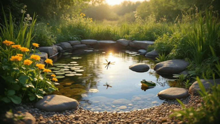Photorealistic wide-angle view of a serene wildlife pond at golden hour, featuring clear water, natural stone borders, and lush plants like marsh marigolds and native iris; a dragonfly hovers above water mint while a frog rests on a rock, with soft bokeh in the background and atmospheric mist rising from the surface.