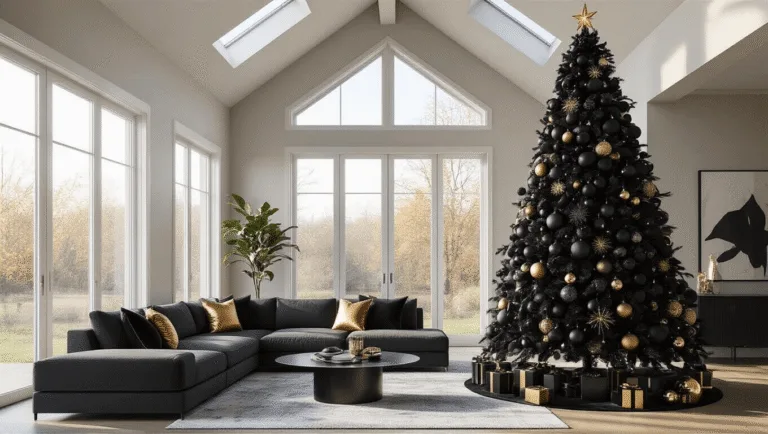 A modern luxury living room featuring a 9-foot black Christmas tree adorned with matte and glossy black and metallic gold ornaments, illuminated by warm sunlight streaming through floor-to-ceiling windows.
