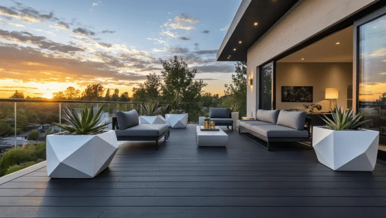 Hyperrealistic architectural photograph of a minimalist black composite deck during sunset, featuring gray lounge furniture, brass uplighting, white geometric planters with succulents, and modern glass railings reflecting warm hues, captured in 8K resolution with a cinematic composition.
