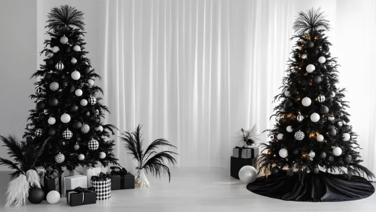 A majestic 9-foot black and white artificial Christmas tree in a minimalist living room, adorned with matte and glossy ornaments, pampas grass, LED lights, and a white faux fur tree skirt, captured in photorealistic detail with shallow depth of field.