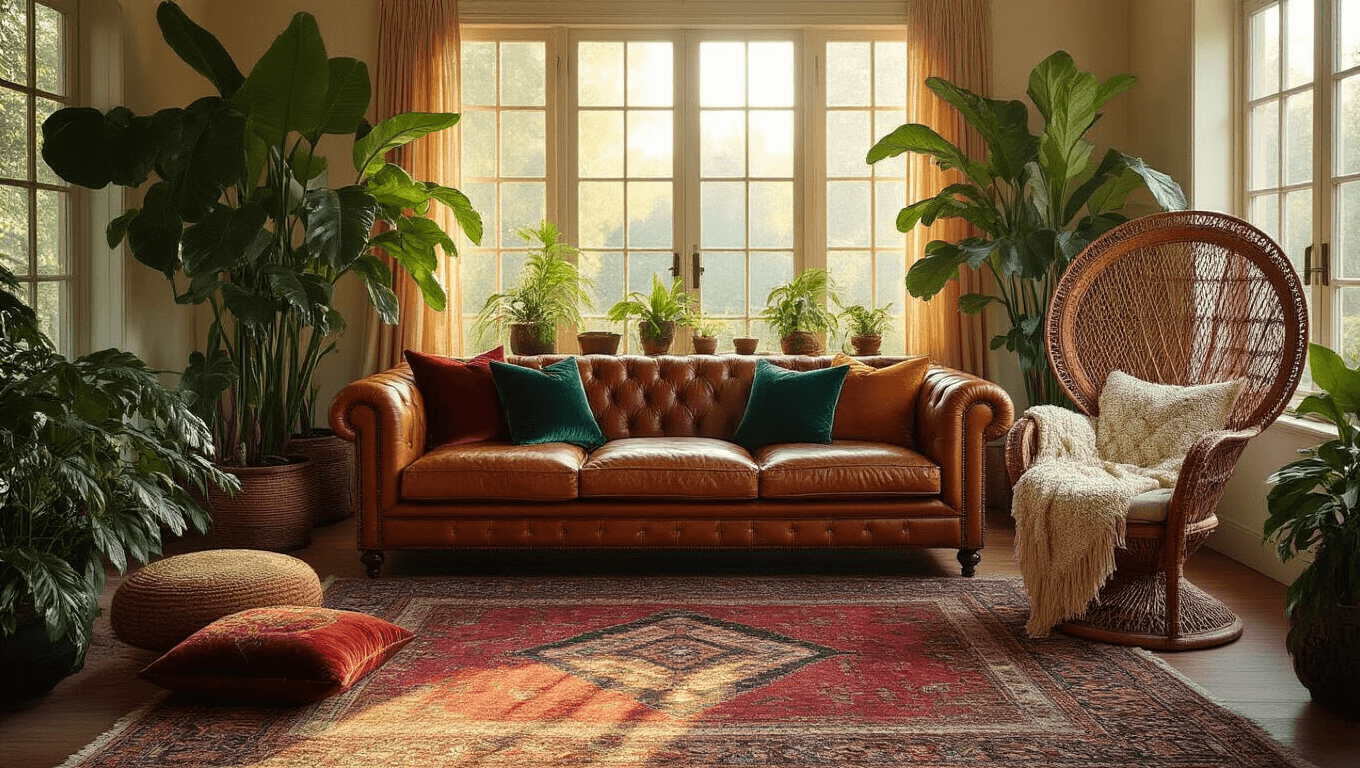 A sun-drenched bohemian living room featuring a vintage cognac leather sofa, jewel-toned pillows, layered Persian rugs, and lush plants, all illuminated by warm golden hour light.