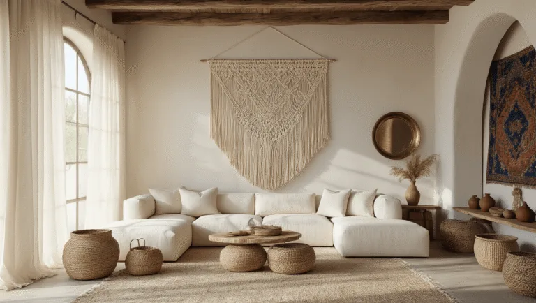 A sun-drenched boho chic living room featuring a large macramé wall hanging above an ivory sectional sofa, surrounded by vintage baskets, a brass mirror, and earthy textiles, all bathed in golden hour light.