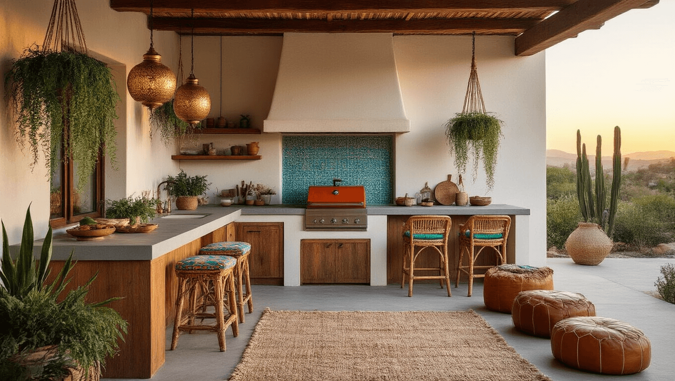 A luxurious bohemian outdoor kitchen at sunset, featuring an L-shaped wooden counter, a terra cotta grill with turquoise tiles, vintage rattan stools, and warm ambient lighting from hanging brass pendant lights and string lights.