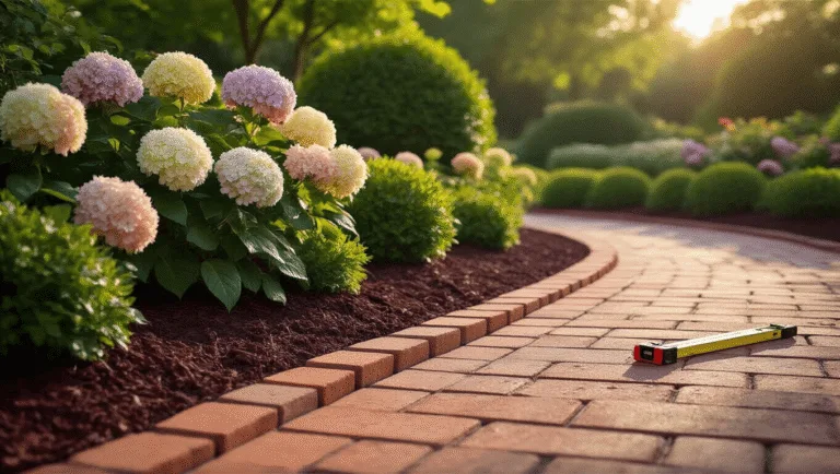 Photorealistic wide-angle shot of a manicured flower bed featuring terracotta clay pavers and neat brick edging, illuminated by golden hour sunlight, with shadows from hydrangeas and boxwoods, and a measuring tape nearby suggesting ongoing installation.