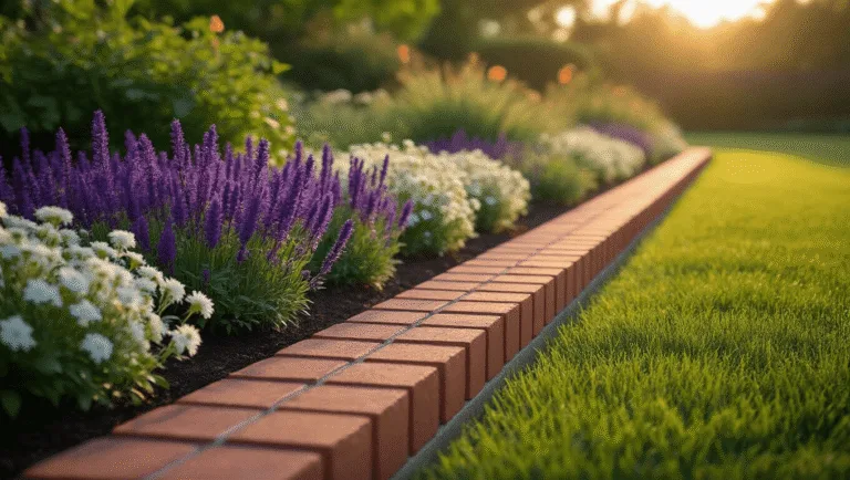 Photorealistic wide-angle shot of a garden border featuring burgundy brick edging, emerald lawn, and blooming purple salvia and white candytuft at golden hour, with dramatic shadows and soft bokeh effect.
