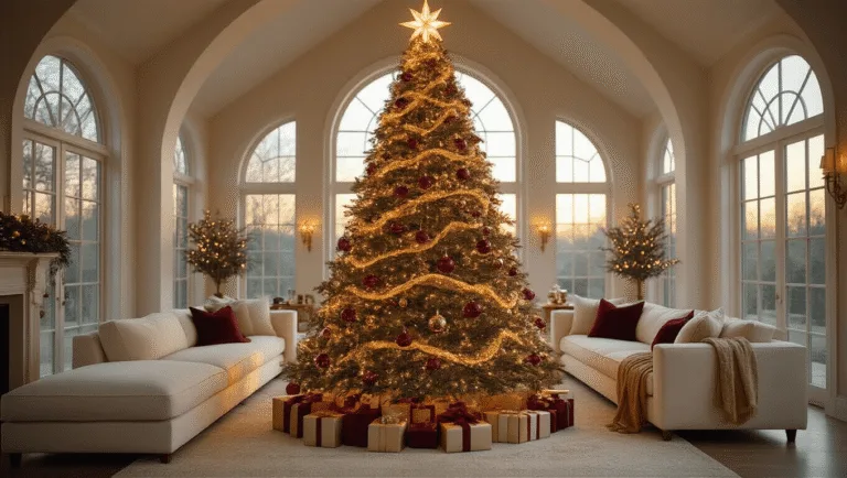 A beautifully decorated 9-foot Fraser fir Christmas tree in a grand living room, featuring warm white lights, gold and burgundy garlands, and classic glass baubles, with natural light streaming through floor-to-ceiling windows.