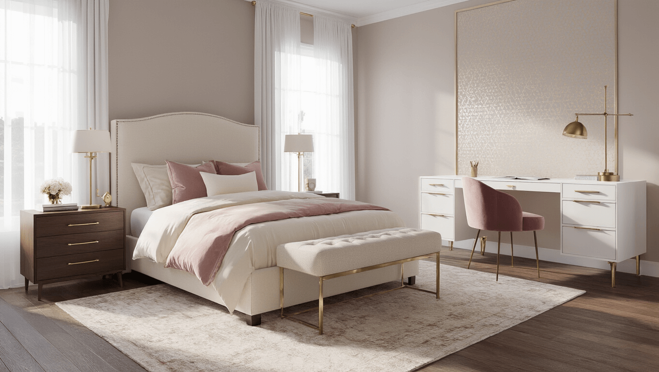 A sophisticated girl's bedroom with an ivory upholstered bed, blush pink bedding, geometric accent wall, modern walnut nightstands, and a dedicated study nook, all bathed in soft morning light.