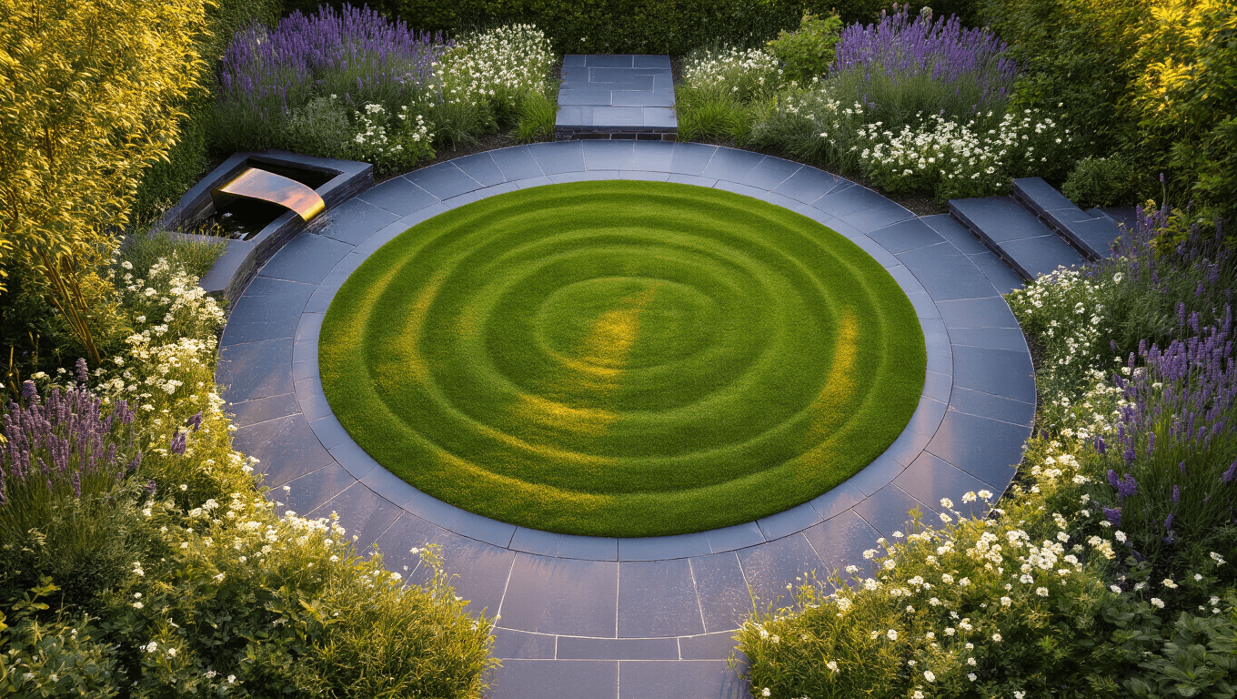 Hyperrealistic aerial view of a pristine circular lawn garden at golden hour, featuring a 20-foot diameter grass circle bordered by charcoal granite pavers, surrounded by white and purple flowers, with a copper water feature, and intricate mowing patterns illuminated by warm evening light.