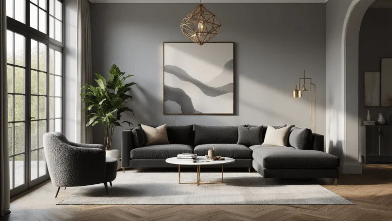 Photorealistic interior of a contemporary grey living room featuring a charcoal velvet L-shaped sofa, bouclé armchair, herringbone wooden floors, and a Moroccan rug, illuminated by natural light from floor-to-ceiling windows. The space includes a large abstract canvas art, brass accents, and a fiddle leaf fig plant, with a cinematic composition highlighting material textures and a muted color palette accented by mustard yellow and blush pink.