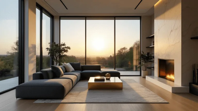 A photorealistic contemporary living room during golden hour, featuring a charcoal gray sectional sofa, marble coffee table, and emerald green velvet accent chair, illuminated by warm sunlight through floor-to-ceiling windows.