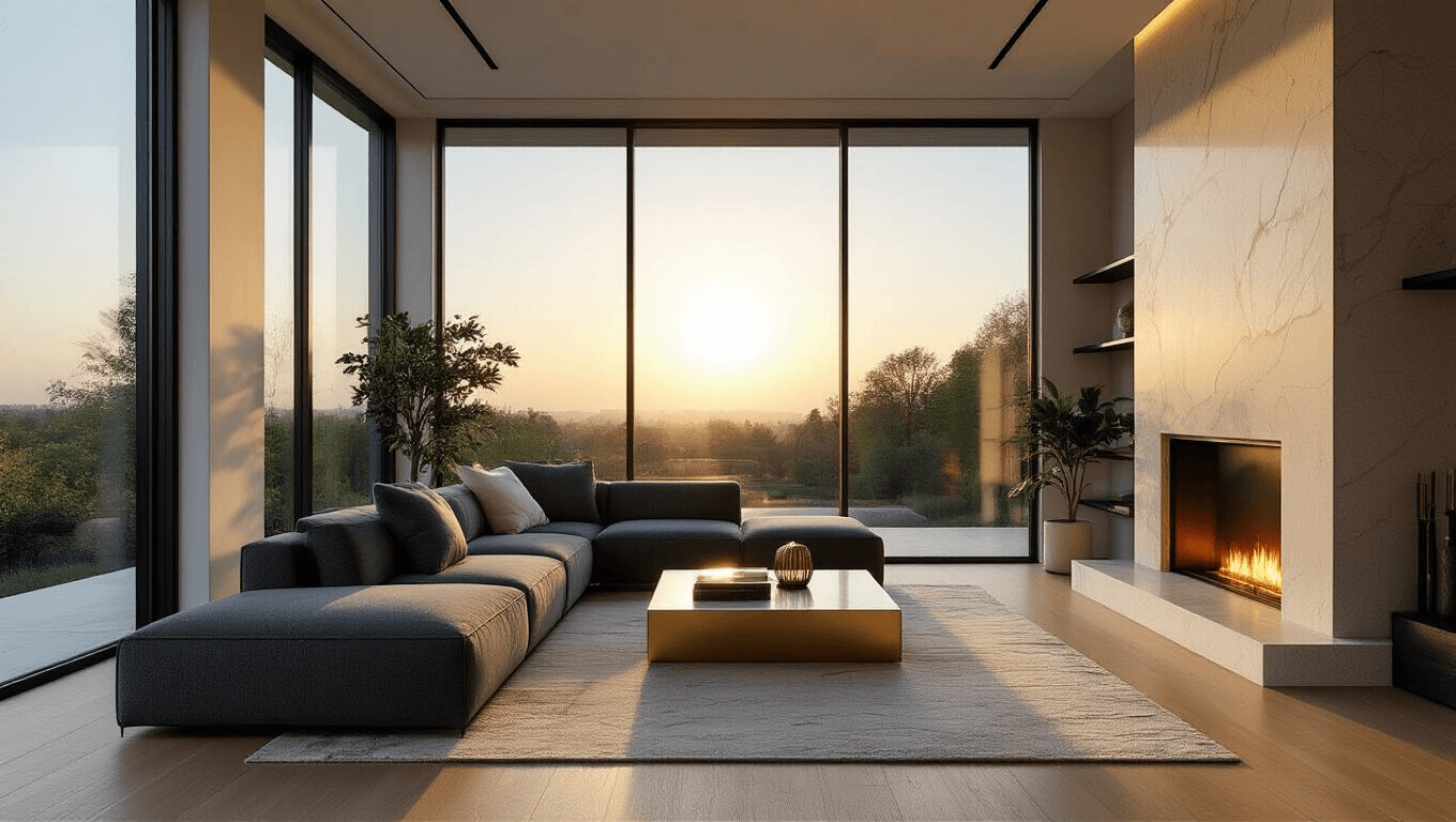A photorealistic contemporary living room during golden hour, featuring a charcoal gray sectional sofa, marble coffee table, and emerald green velvet accent chair, illuminated by warm sunlight through floor-to-ceiling windows.