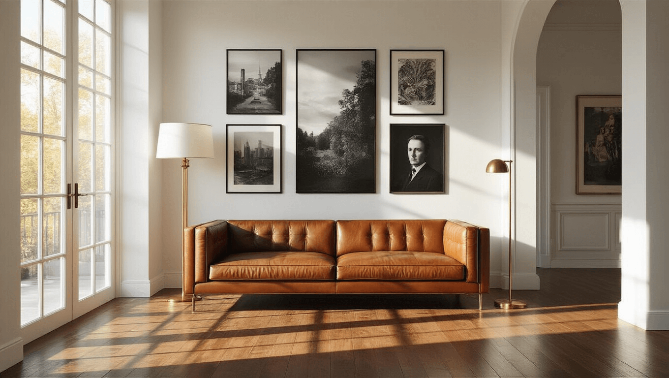 A sophisticated living room with a gallery wall of black and white photographs and vintage art, illuminated by golden hour sunlight through floor-to-ceiling windows, featuring a cognac leather sofa and a brass floor lamp, all set on rich hardwood floors.