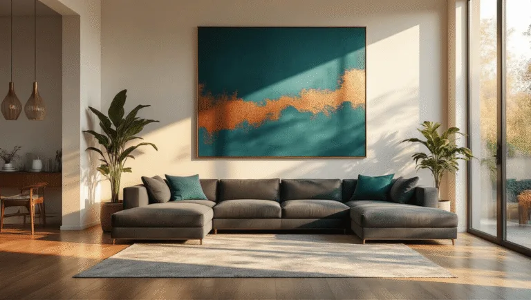Cinematic wide-angle view of a contemporary living room featuring a large abstract canvas artwork, plush charcoal gray sectional sofa, and warm oak flooring illuminated by soft golden hour sunlight, highlighting textures and colors in a photorealistic style.