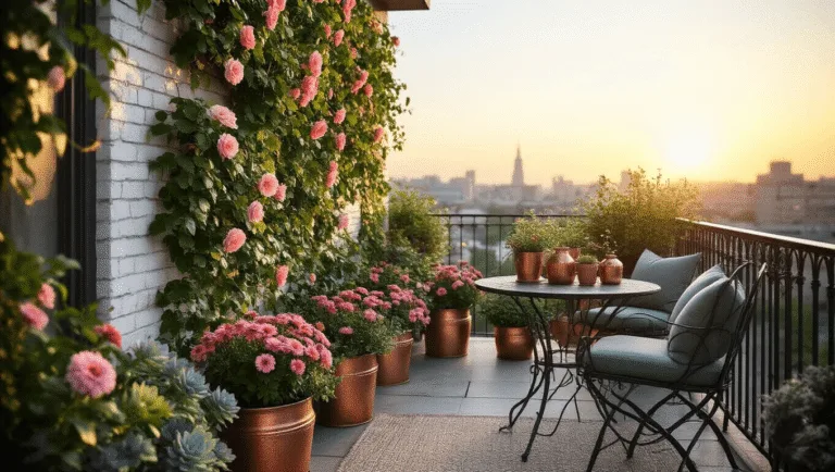 A cozy urban balcony garden at golden hour, featuring a vertical garden wall with clematis and blush roses, vintage copper planters with zinnias, blue-green succulents in weathered pots, and a rustic bistro set draped with string lights, all bathed in warm golden sunlight.